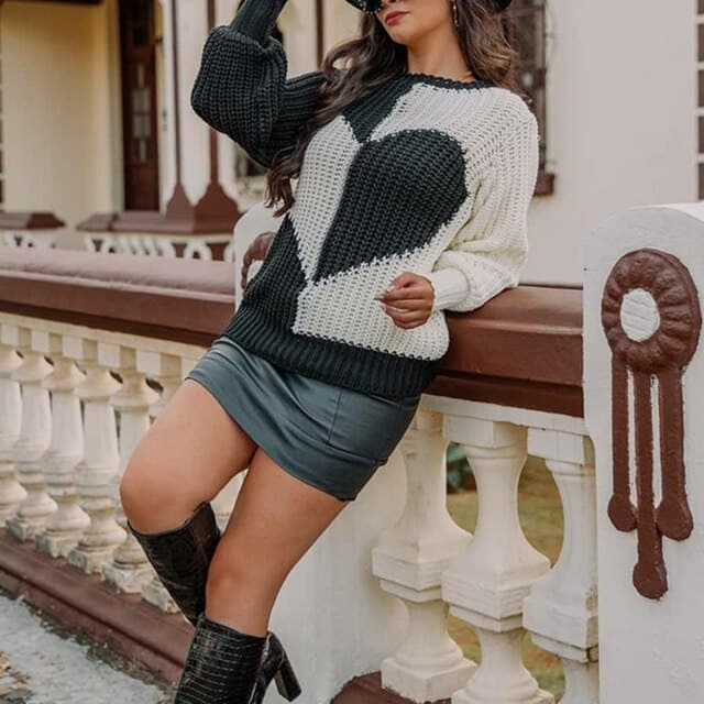 Elegant O Neck Love Print Patchwork Knitted Sweater