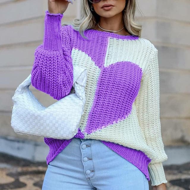 Elegant O Neck Love Print Patchwork Knitted Sweater