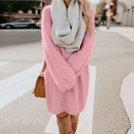 Long Sleeve Casual Fluffy Sweater Dress