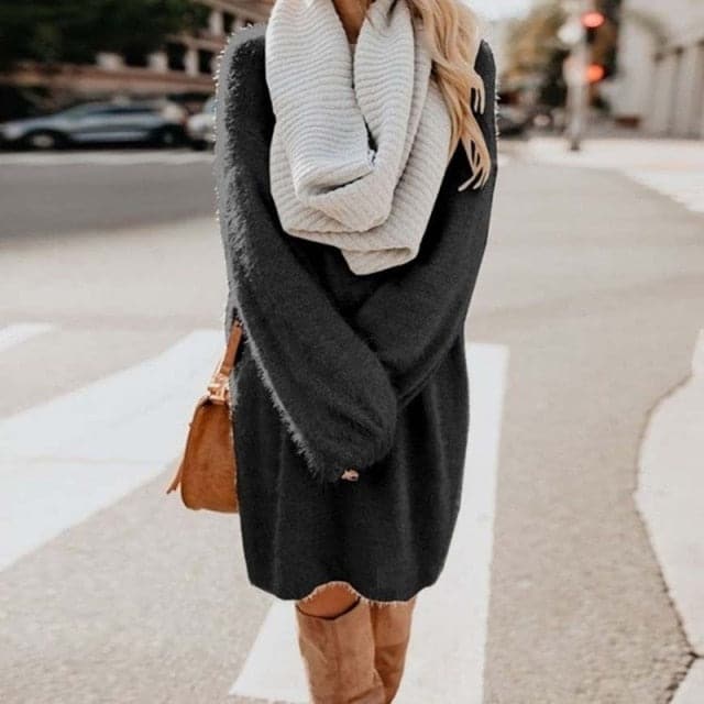 Long Sleeve Casual Fluffy Sweater Dress
