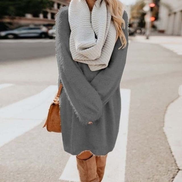 Long Sleeve Casual Fluffy Sweater Dress