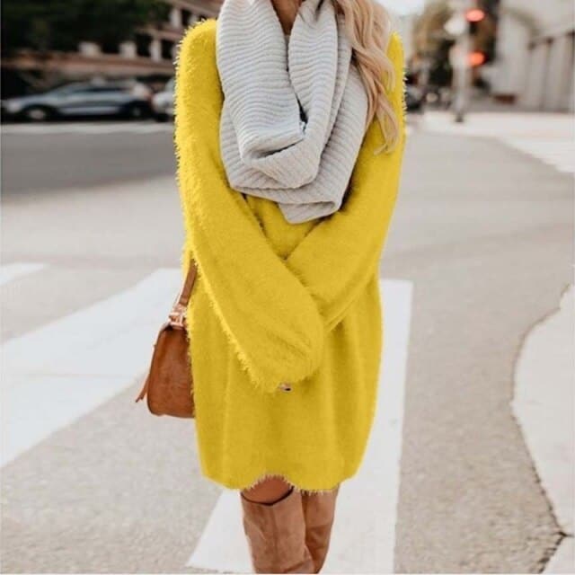 Long Sleeve Casual Fluffy Sweater Dress