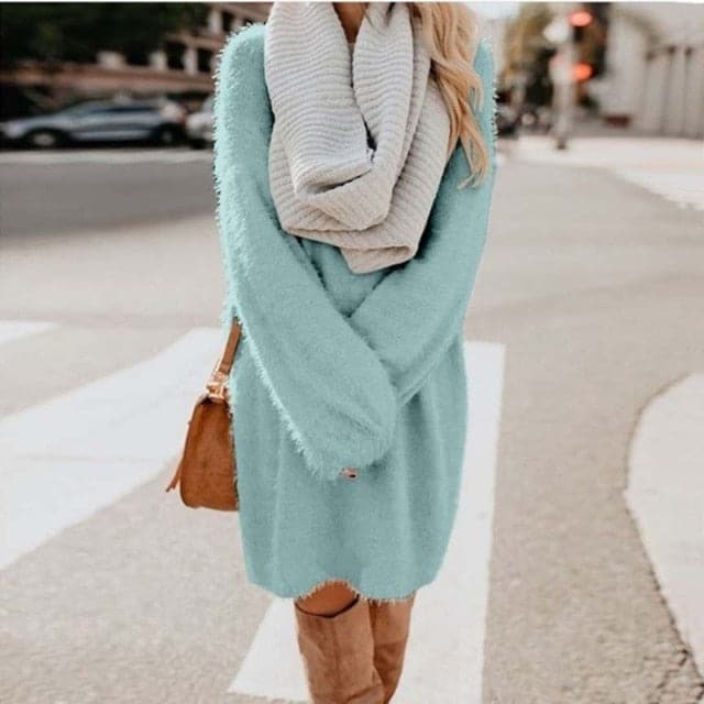 Long Sleeve Casual Fluffy Sweater Dress