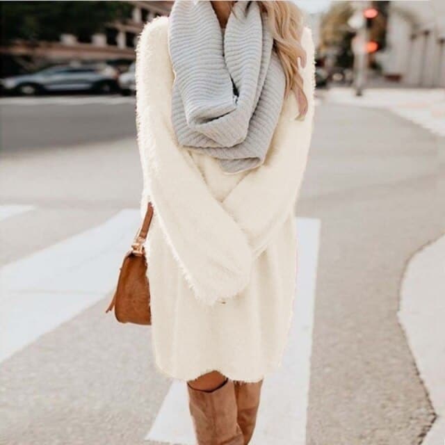 Long Sleeve Casual Fluffy Sweater Dress