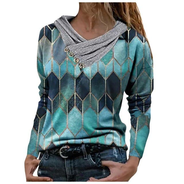 Vintage Geometric Hooded Blouse Spring Autumn Long Sleeve Tops Pullover Casual Loose Shirts
