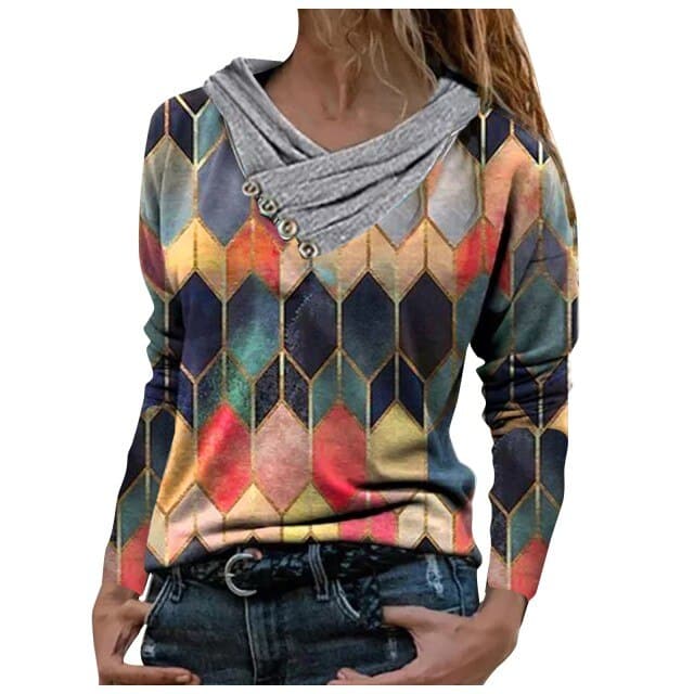 Vintage Geometric Hooded Blouse Spring Autumn Long Sleeve Tops Pullover Casual Loose Shirts