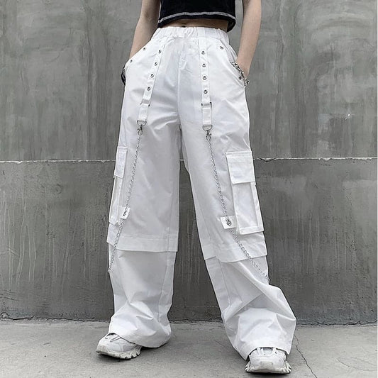 Mall Goth White Cargo Pants Gothic Harajuku Hippie Streetwear Chain Punk Loose Trouser Baggy Oversize Korean Style