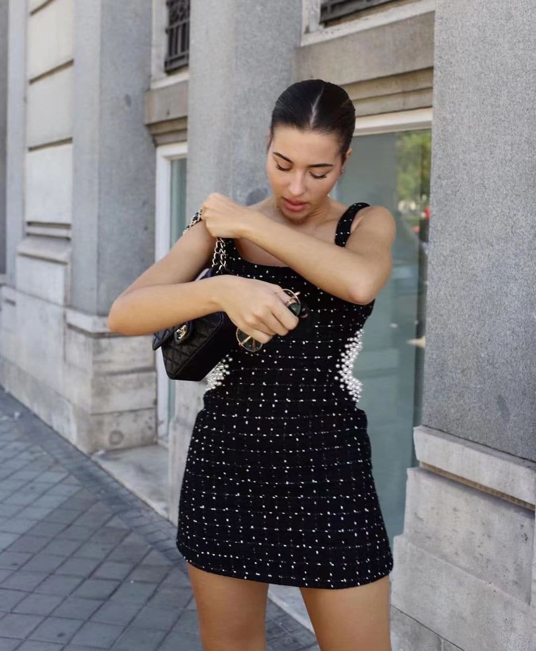 Vintage Tweed Black Plaid Hollow Out Mini Dresses