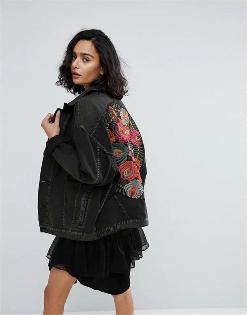 Vintage Floral Embroidery Denim Coats