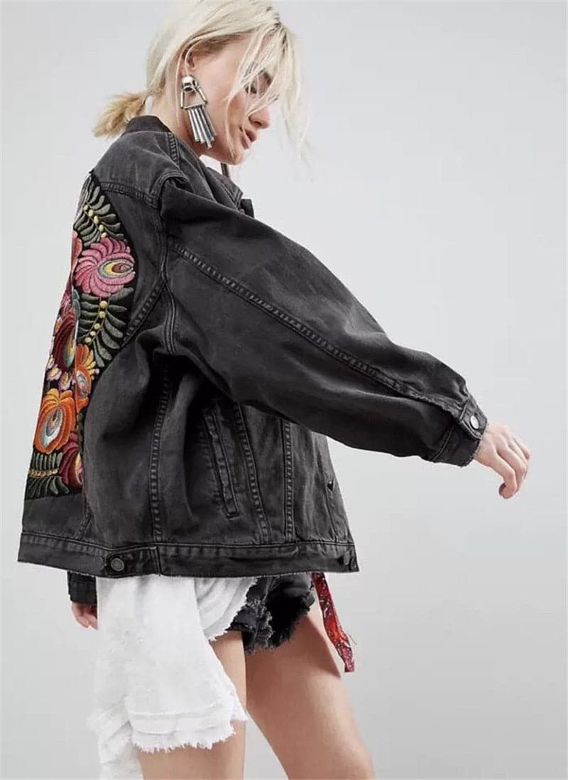 Vintage Floral Embroidery Denim Coats