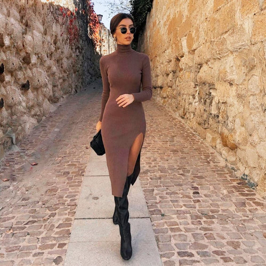 Long Sleeves High-Neck Elastic Midi Dress