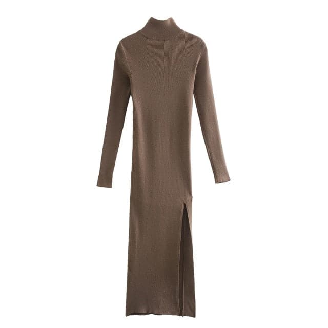Long Sleeves High-Neck Elastic Midi Dress