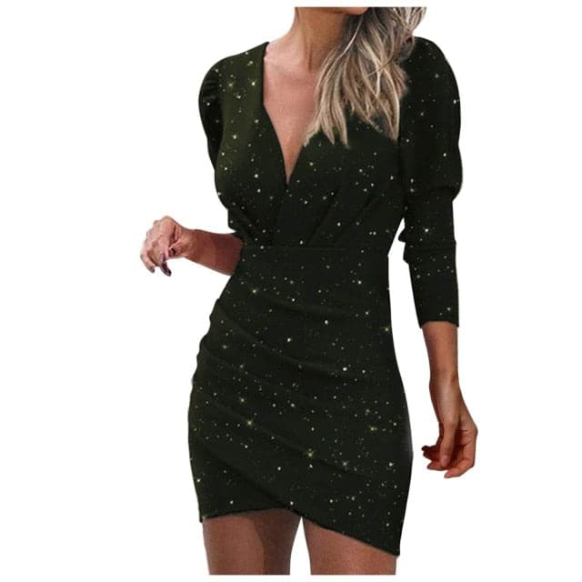 Silver Glitter Dress Deep V Neck Sequins Plunge Ruched Long Sleeve Bodycon Dress Slim Nightclub Mini Party Dress