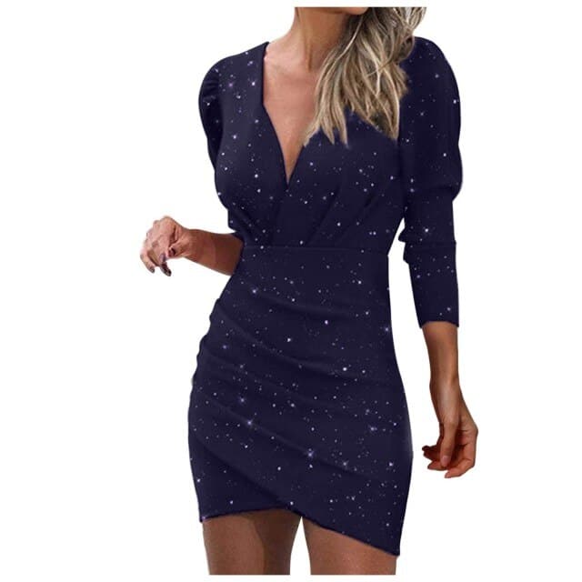 Silver Glitter Dress Deep V Neck Sequins Plunge Ruched Long Sleeve Bodycon Dress Slim Nightclub Mini Party Dress