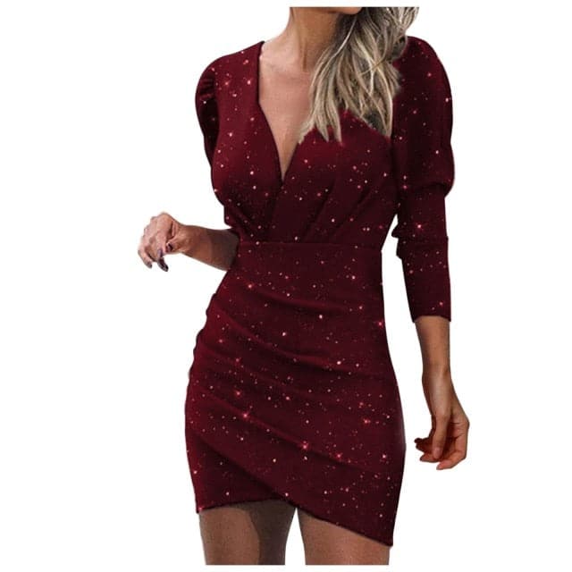 Silver Glitter Dress Deep V Neck Sequins Plunge Ruched Long Sleeve Bodycon Dress Slim Nightclub Mini Party Dress
