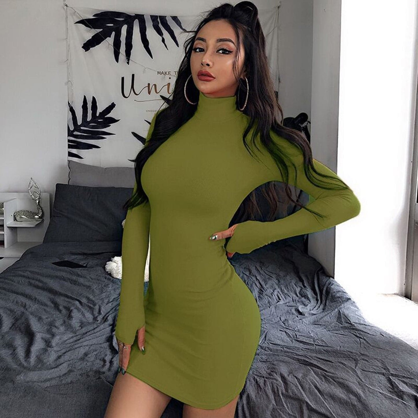 Solid Color Turtleneck Long Sleeve Bodycon Mini Dress