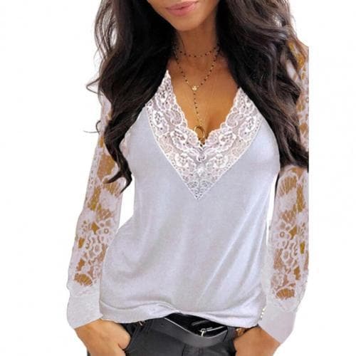 Deep V Neck Lace Trim T-shirt