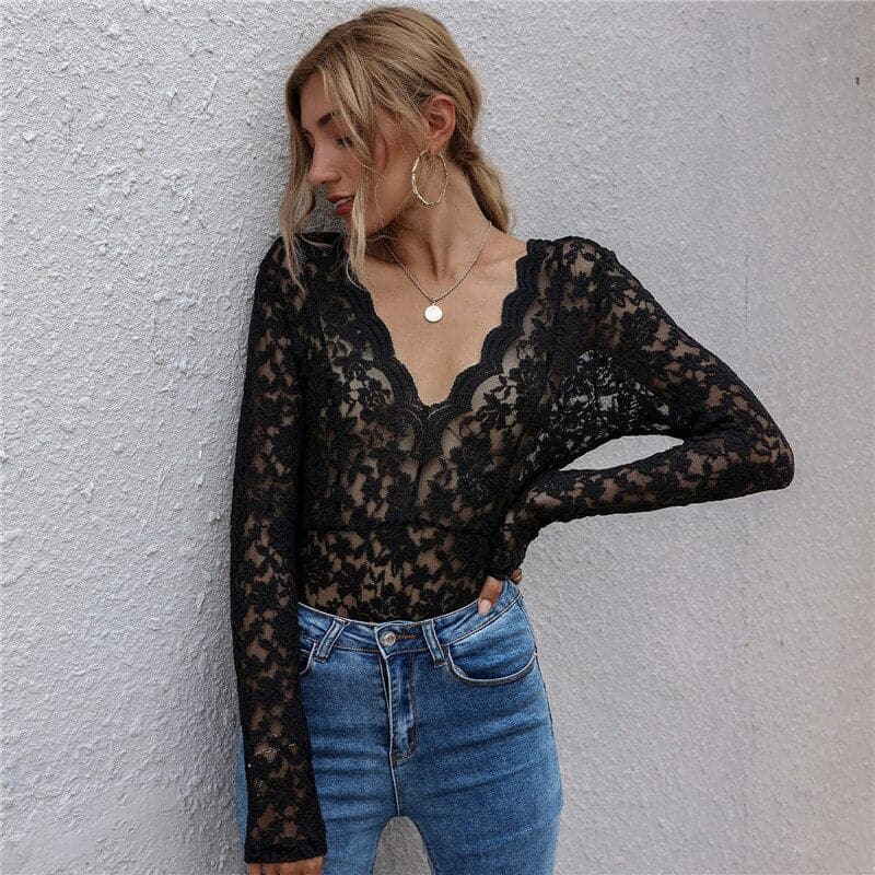 Deep V-neck Lace T-shirt