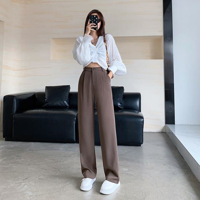 High Waist Floor-Length Suits Pants Autumn Winter White Loose Wide Leg Pants Female Office Ladies Straight Long Trousers