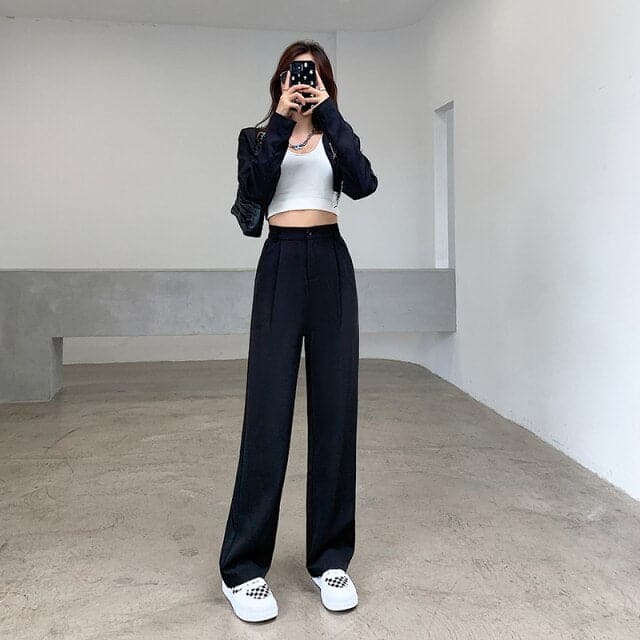 High Waist Floor-Length Suits Pants Autumn Winter White Loose Wide Leg Pants Female Office Ladies Straight Long Trousers