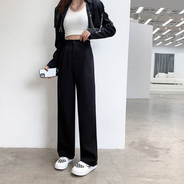 High Waist Floor-Length Suits Pants Autumn Winter White Loose Wide Leg Pants Female Office Ladies Straight Long Trousers