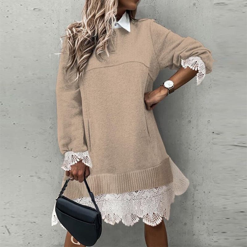 Dress Spring Autumn Ruffle Patchwork Lady Mini Dress Casual Long Sleeve Shirt Dresses Elegant Turn Down Collar Dresses