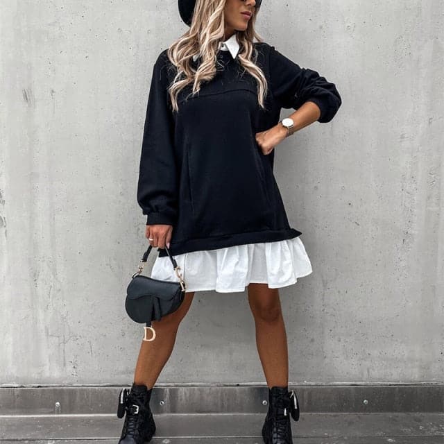 Dress Spring Autumn Ruffle Patchwork Lady Mini Dress Casual Long Sleeve Shirt Dresses Elegant Turn Down Collar Dresses