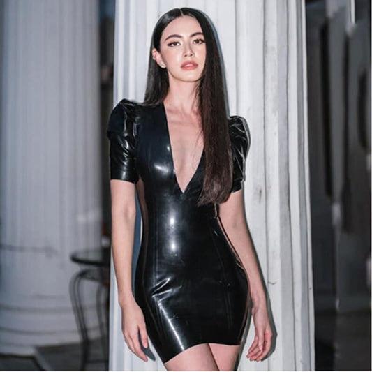 Pencil Dress Summer High Waist V-Neck Bodycon Bar Low Chest Nightclub PU Leather Party Vintage Motor Clothing