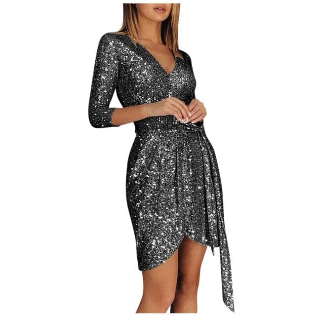 Ladies Elegant Party Dress Fashion Long-sleeved Sequined V-neck 34 Sleeve Lace-up Mini Dress Dress