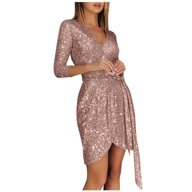 Ladies Elegant Party Dress Fashion Long-sleeved Sequined V-neck 34 Sleeve Lace-up Mini Dress Dress