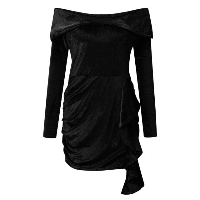 Velvet New Year Party Dress High Waist Draped Bodycon Dress Pure Color Off Shoulder Mini Dress