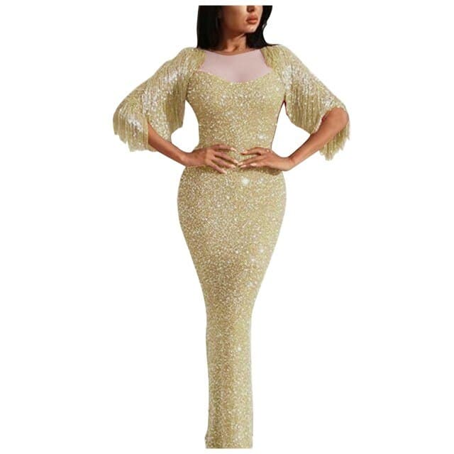 Ladies V-neck long-sleeved tassel dinner dress bag hip dress dress long dresses evening