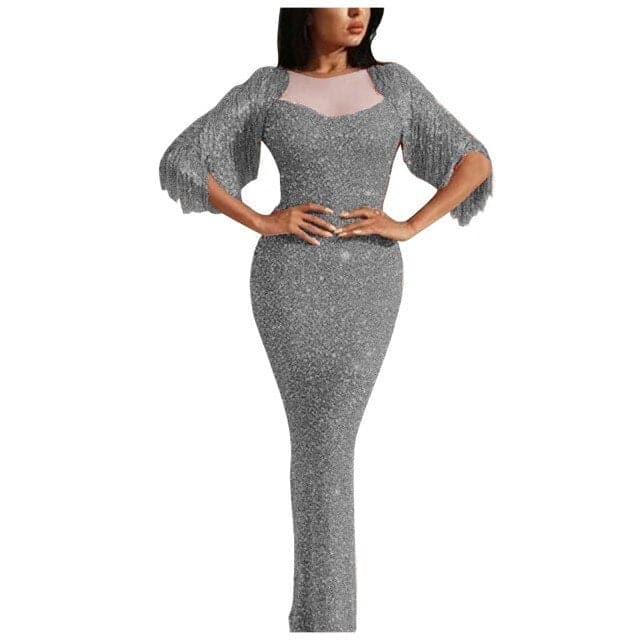 Ladies V-neck long-sleeved tassel dinner dress bag hip dress dress long dresses evening