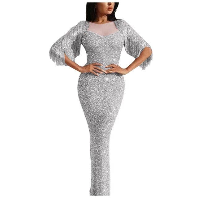 Ladies V-neck long-sleeved tassel dinner dress bag hip dress dress long dresses evening