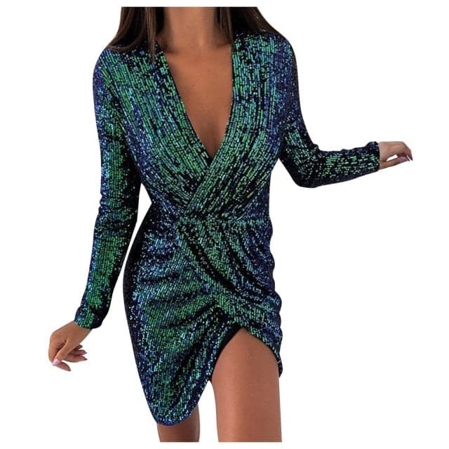 New Solid Color V-neck Mesh Stitching Hem Slit Dress