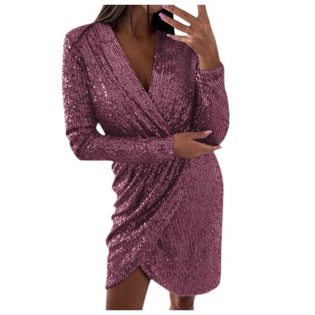 New Solid Color V-neck Mesh Stitching Hem Slit Dress