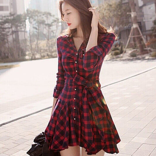 Christmas Long Sleeve Scottish Plaid Slim Dress