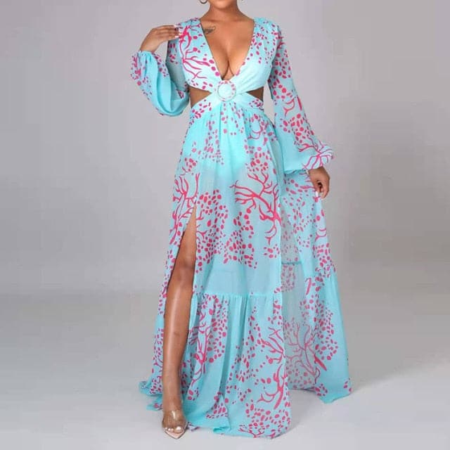 V-Neck Backless Hollow Out Dress Summer Dress Lantern Sleeve Club Party Long Maxi Dresses Tunic Beach Cover Up