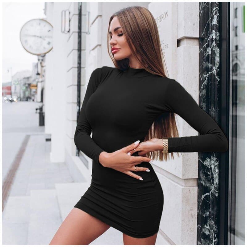 Solid Color Turtleneck Skinny Mini Dress