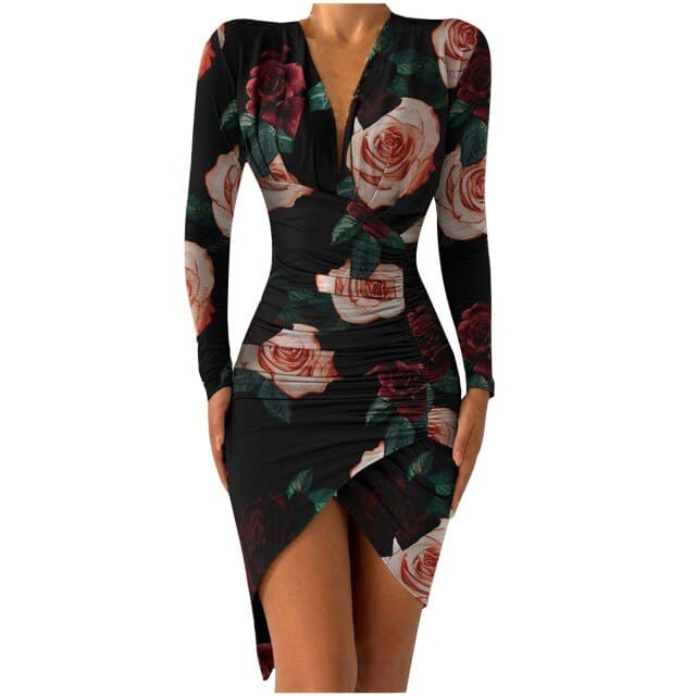 Flower Print Bodycon Dress Deep V-neck Sheath Long Sleeve Irregular Hem Party Banquet Dress Slim Bag Hip Dresses