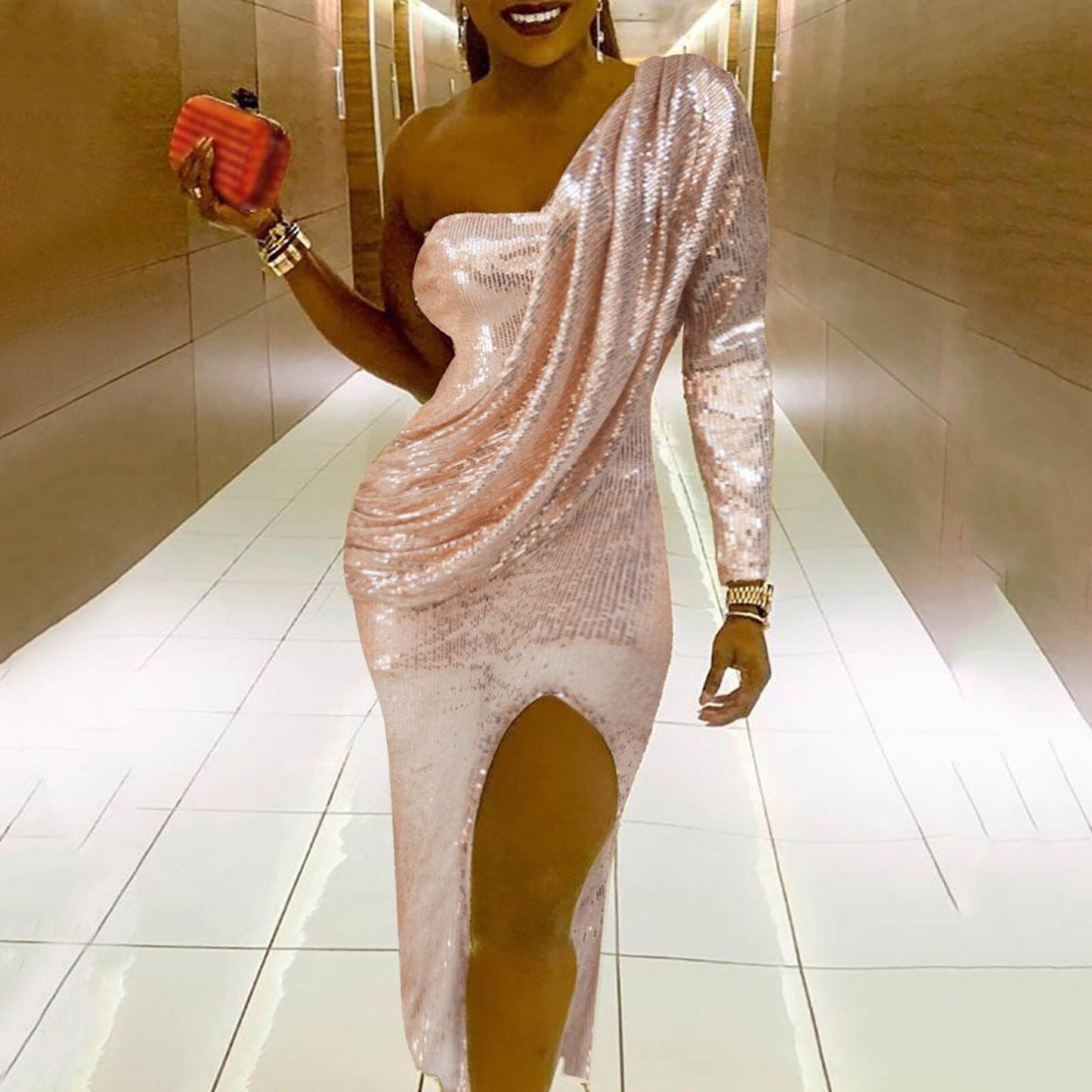 Free Shipping One Shoulder Dress Sparkle Glitzy Sequins Dress Fashion Cold Shoulder Celebrity Christmas Party