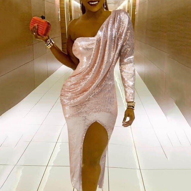 Free Shipping One Shoulder Dress Sparkle Glitzy Sequins Dress Fashion Cold Shoulder Celebrity Christmas Party