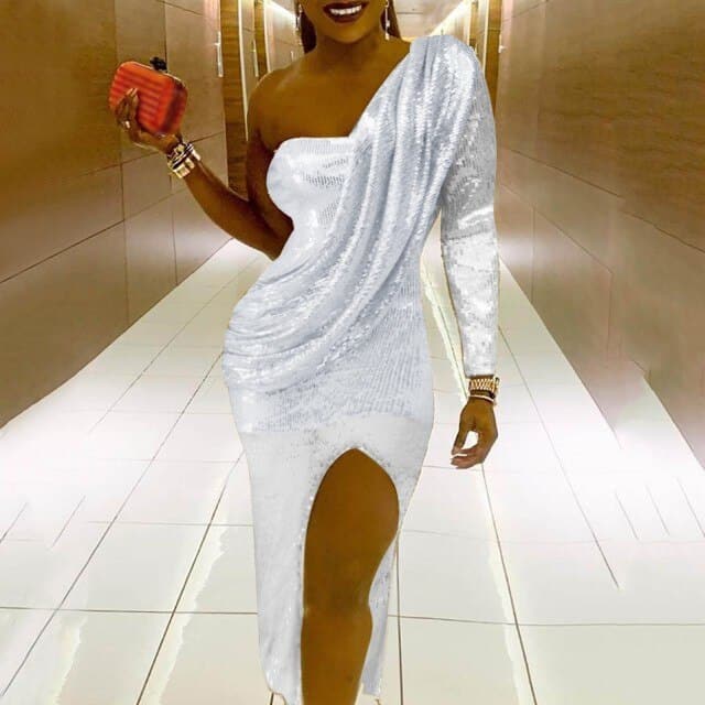 Free Shipping One Shoulder Dress Sparkle Glitzy Sequins Dress Fashion Cold Shoulder Celebrity Christmas Party