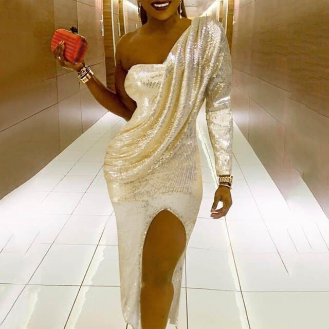 Free Shipping One Shoulder Dress Sparkle Glitzy Sequins Dress Fashion Cold Shoulder Celebrity Christmas Party