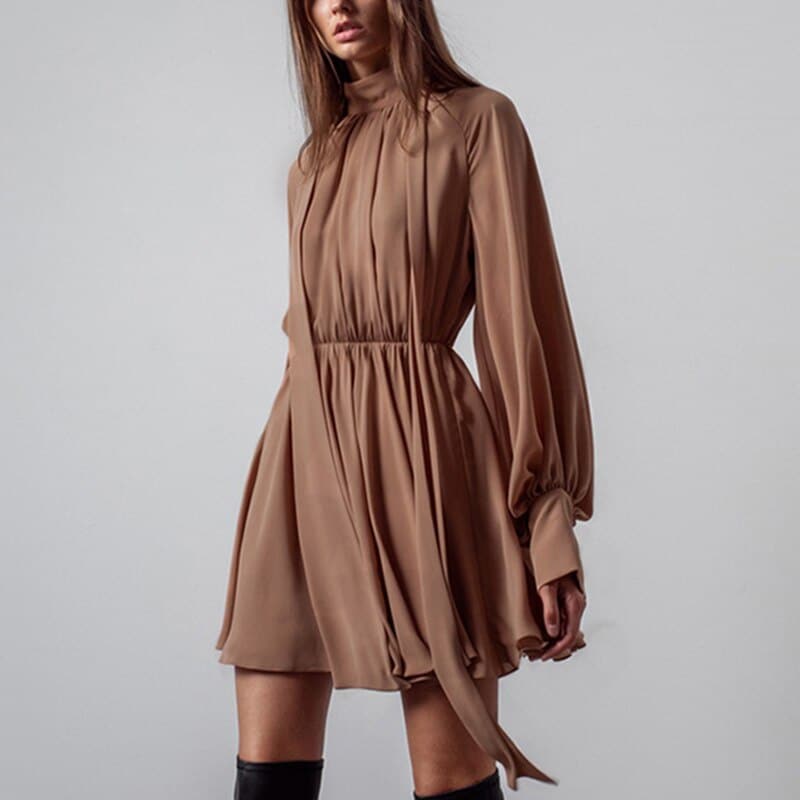 Classic Half High Collar Solid Long-sleeve Chiffon Dresses