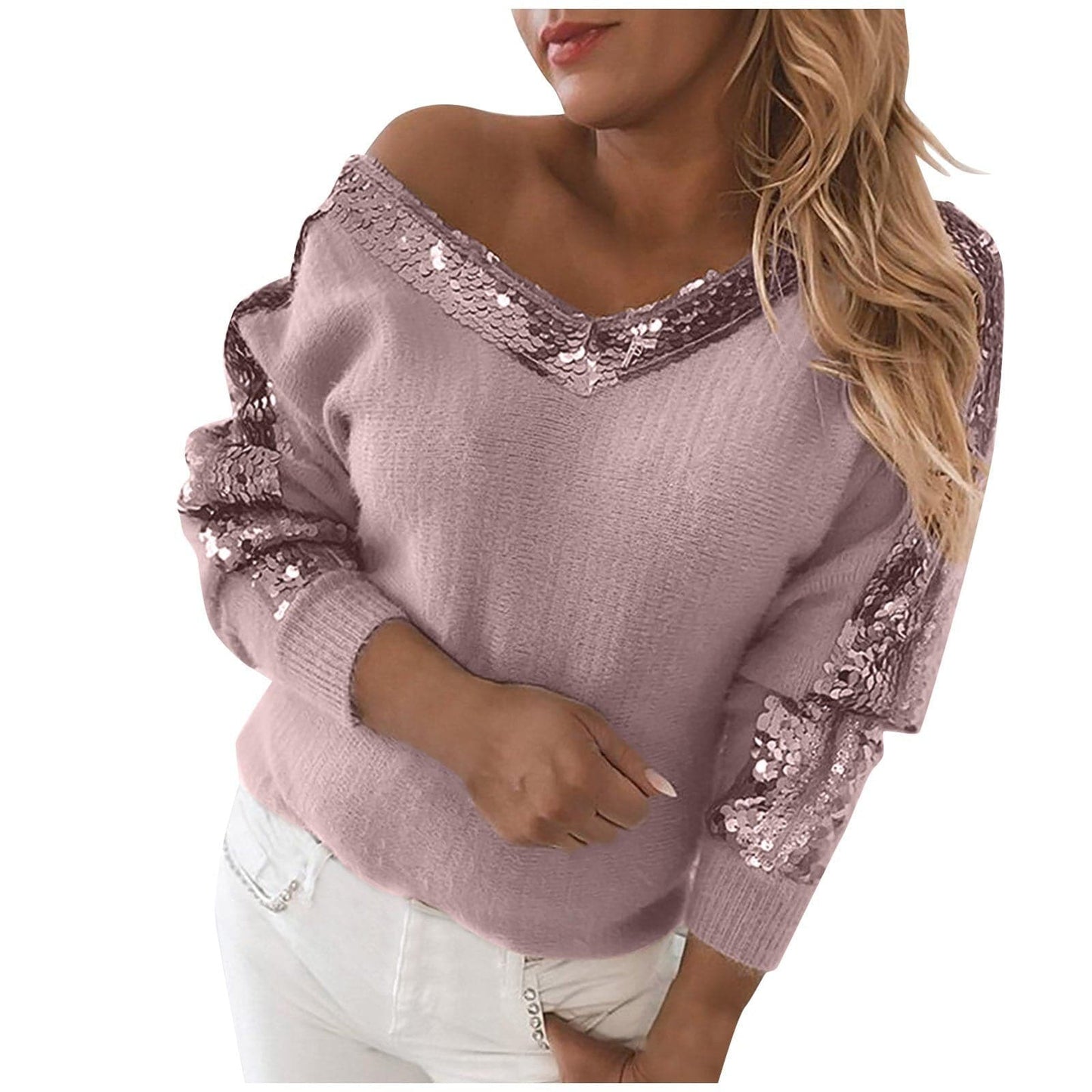 Off Shoulder V Neck Sequin Stitching Print Temperament Pullover Casual Long Sleeve Sweater Pullovers Winter Clothes