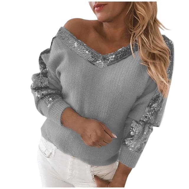 Off Shoulder V Neck Sequin Stitching Print Temperament Pullover Casual Long Sleeve Sweater Pullovers Winter Clothes