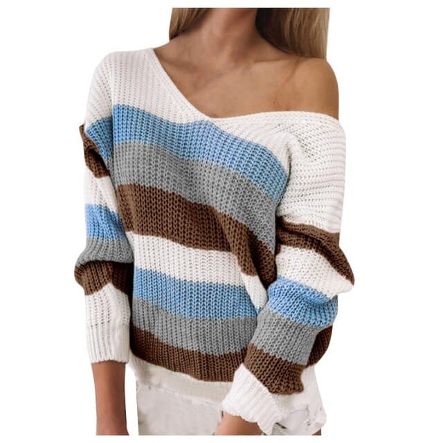 Womens Fashion Long-sleeved V-neck Loose Stitching Sweater