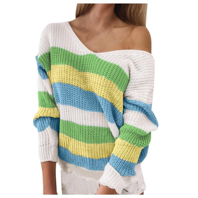 Womens Fashion Long-sleeved V-neck Loose Stitching Sweater