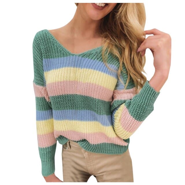 Womens Fashion Long-sleeved V-neck Loose Stitching Sweater